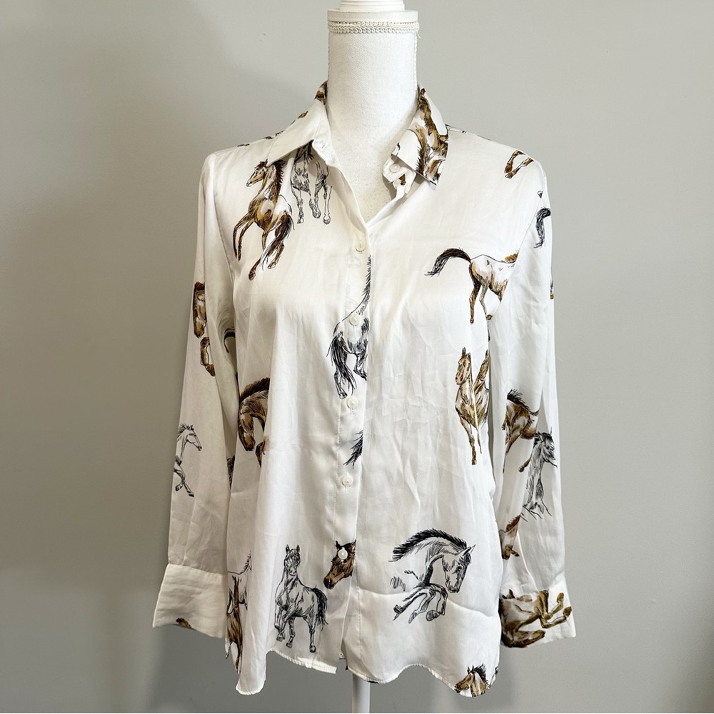Zara Womens Button Down Blouse Horse‎ Equestrian Size Small Work Office